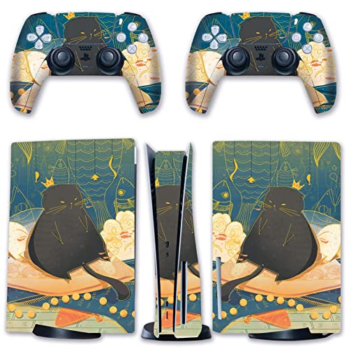 BelugaDesign Fat Cat Skin PS5 | Leaves Animal Anime Cartoon | Cute Kawaii Vinyl Cover Wrap Sticker Full Set Console Controller | Compatible with Sony Playstation 5 (PS5 Disc, Multicolored)
