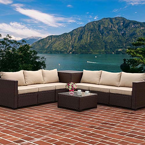 6 Pieces Patio PE Wicker Furniture Set Outdoor Brown Rattan Sectional Conversation Sofa Chair with Storage Table and Beige Cushions