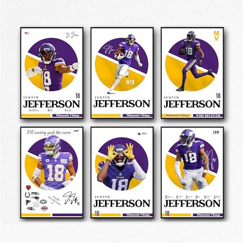 DLTFRSED Justin Jefferson Posters Sports Posters For Office Room Decor Gift Justin Jefferson Paper Art Print Set Of 6,Unframe 8x12inch