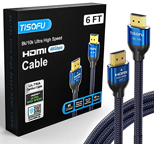 TISOFU Ultra Certified 8K 10K HDMI Cable 6FT: HDMI 2.1 Cables 48Gbps High Speed Premium Braided Cord 8K@60Hz 4K@120Hz 4K@144Hz HDCP 2.2&2.3 CL3 ARC eARC for HD/HDR/HDTV