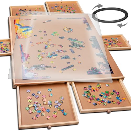 1500 Piece Rotating Wooden Jigsaw Puzzle Table - 6 Drawers, Puzzle Board with Puzzle Cover | 27” X 35” Jigsaw Puzzle Board Portable - Portable Puzzle Table