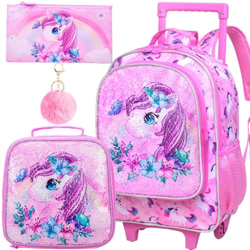 KLFVB Rolling Backpack for Girls, Kids Roller Wheels School Bookbag with Lunch Bag, Wheeled School Bag for Children - Unicorn