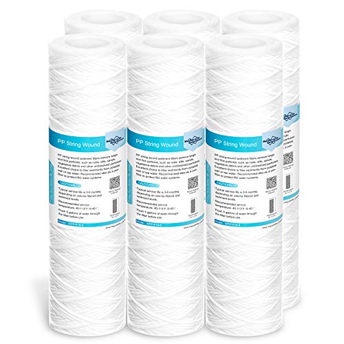 Membrane Solutions 5 Micron 10'x2.5' String Wound Whole House Water Filter Replacement Cartridge Universal Sediment Filters for Well Water - 6 Pack