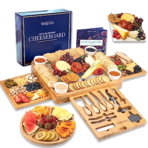 VAREZZA Extra Large Charcuterie Boards Gift Set: Marble Bamboo Cheese Board Set- Unique for Women, 23 Entertaining Accessories, Wedding Gifts for Couple, House Warming Gifts New Home