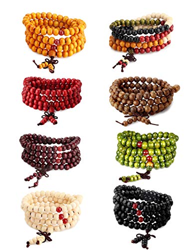 LOYALLOOK 8Pcs 108 Mala Bead Bracelets 8MM Tibetan Buddha Wood Beaded Sandalwood Link Wrist Necklace Chain Bracelets Multilayer Buddhist Prayer Strand Bracelet Meditation Necklace Elastic Chinese Knot