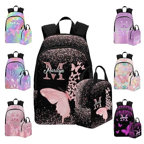 InterestPrint Custom Kid's Backpack with Lunch Bag Box for Girls Butterfly Sparkle Personalized Name School Bag for Daughter Granddaughter 2 in 1 Bookbags Set Schoolbag for School Season