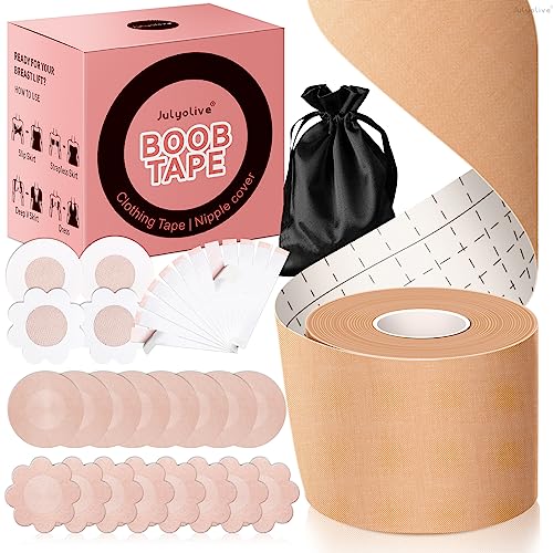 Julyolive Boob Tape Kit- Boobytape for Breast Lift with Petals, Breathable Adhesive Sticky Bra Tape, Push Up Nipple Tape Beige