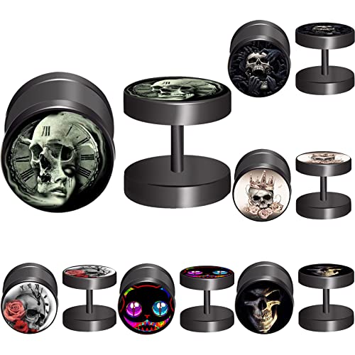 FLYUN 6Pairs Easter Skull Men's Earrings for Men Gauge Looking Earrings Faux Fake Gauges Earrings 10MM Jewelry Studs with Screw Backs (Black)