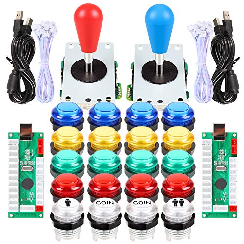 Fosiya LED Arcade Joystick Buttons Kit Ellipse Oval Style 8 Ways Joystick + 20 x LED Arcade Buttons for 2 Player Video Games Standard Controllers All Windows PC MAME Raspberry Pi (Mix Colors Kits)