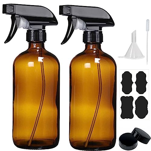 16 Oz Amber Glass Spray Bottles - 2 Pack Large Refillable Empty Bottle for Cleaning Solutions,Essential Oils,Hair Mister,Plants - Durable Nozzle w/ Fine Mist and Stream Setting (16OZ-2PACK, Amber)