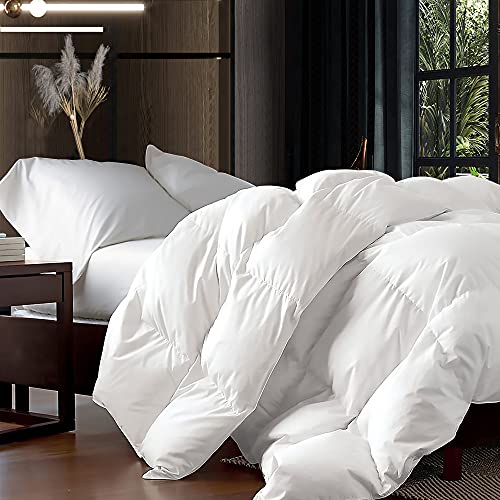 Luxurious Queen Size Goose Down Feather Comforter Down Feather Fiber Duvet 100% Egyptian Cotton Cover - Baffle Box Design - 48oz Fill Weight - Full - Solid White