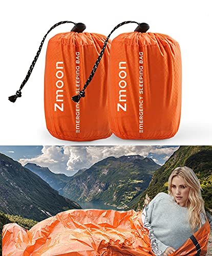 Zmoon Emergency Sleeping Bag 2 Pack Lightweight Survival Thermal Bivy Sack Portable Blanket for Camping, Hiking, Outdoor, Activities (Orange)