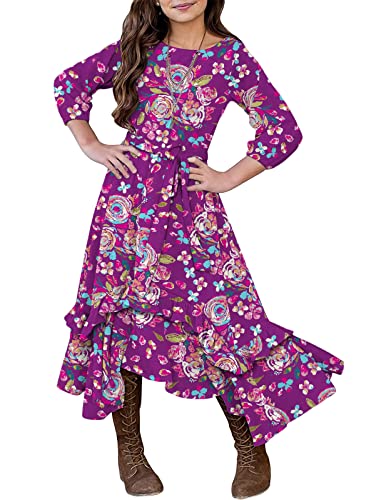 KYMIDY Girls Floral Maxi Dress Kids 3/4 Sleeve Boho Casual Pocket Ruffle Swing Dresses with Belt for Girls, Purple, 8 Years