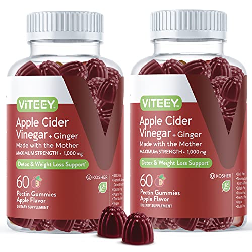 Apple Cider Vinegar Gummies 1,000mg Plus Ginger, ACV with The Mother, Detox Cleanse for Weight Loss and Immune Support, Vegan, Gluten Free, Gelatin Free, GMO Free - Chewable Apple Flavored Gummy