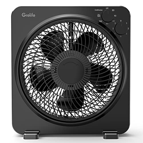 Grelife Box Fan, 14' Table Fan with 3 Speeds, Rotatable Grill Desk Fan, Quiet Operation Fast Cooling Fan with 120 Min Timer, Portable Compact Design for Bedroom Home Office Desktop Household