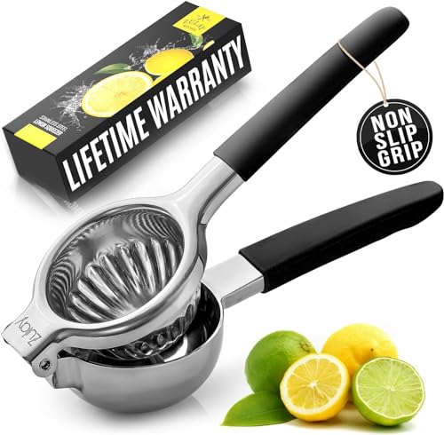 Zulay Kitchen Lemon Squeezer Stainless Steel Press - Non-Slip, Ergonomic Design with Solid, Heavy-Duty Squeezer Bowl - Large Manual Citrus Press Juicer & Lime Squeezer Stainless Steel (Black)