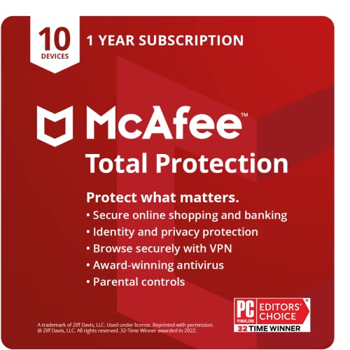 McAfee Total Protection | 10 Device | Antivirus Internet Security Software | VPN, Password Manager, Dark Web Monitoring & Parental Controls | 1 Year Subscription | Download Code
