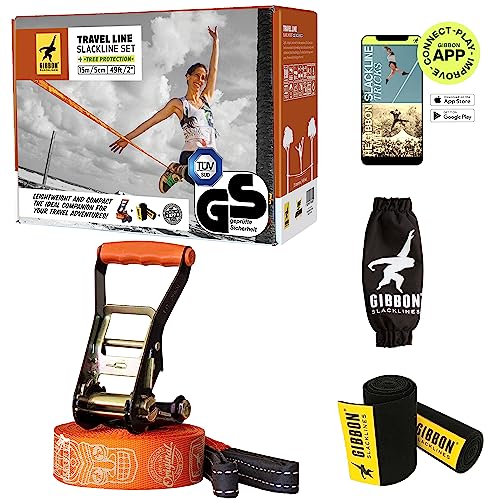 GIBBON Slacklines Travel Line with treewear,Brown,15m,12,5m line + 2,5m Ratchet Strap, Ratchet Protection and Ratchet with Safety Lock,50mm/2' Wide,Tree and line Protection Perfect Leisure Activity