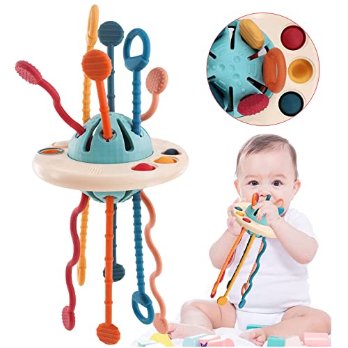 Baby Sensory Toys, Montessori Pull String Airplane Travel Toys for Toddlers 1-3, Montessori Toys for Babies 6-12 Months UFO Silicone Pull String Activity Toy Dawnier Pull Toy Baby Gifts for 1 Year Old