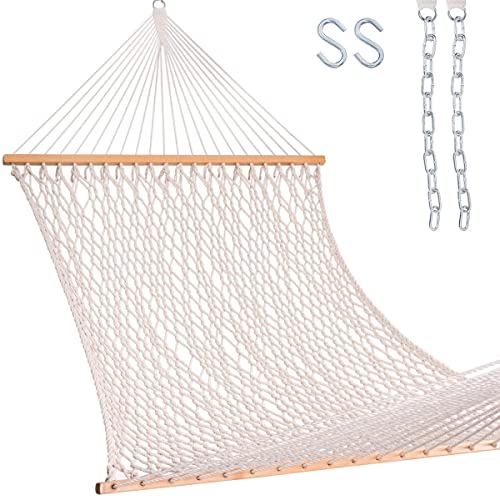Lazy Daze Hammocks 12FT Double Rope Hammocks, Hand Woven Cotton Hammock with Spreader Bar for Outdoor, Indoor, Patio Yard, Poolside for Two Person, Max 450 Lbs, Natural, 141 x 57 inches
