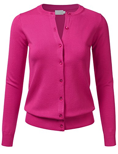 Women's Round Neck Lightweight Knit Ribbed Hem Cardigan with Translucent Gem Buttons HOTPINK L
