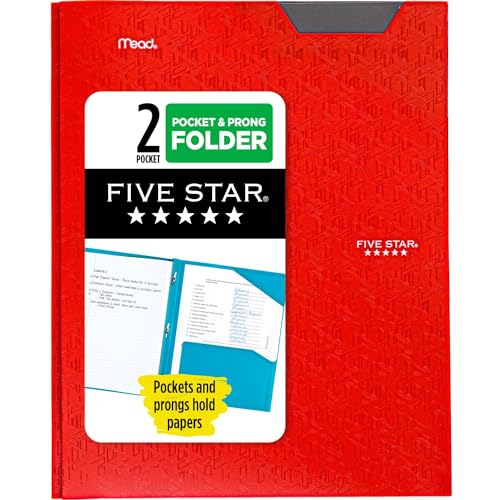 Five Star 2 Pocket Folder, Stay-Put Folder, Plastic Colored Folders with Pockets & Prong Fasteners for 3-Ring Binders, 8-1/2” x 11', Fire Red (72109)
