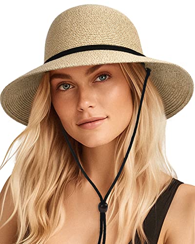 Womens Wide Brim Sun Hat with Wind Lanyard UPF Summer Sun Straw Hats for Women