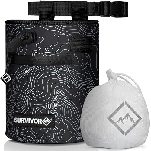 Chalk Bag + Refillable Chalk Ball - Iconic Topographical Map, Draw String Closure, 2 Zippered Pockets, & Brush Holder - Climbing Chalk Bag for Rock Climbing, Bouldering, Weightlifting, Gymnastics