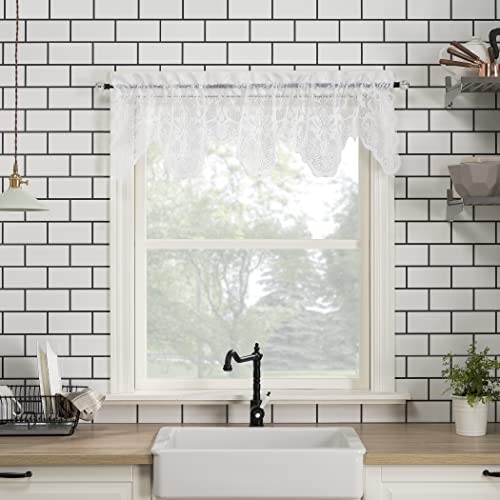 No. 918 Alison Floral Lace Sheer Rod Pocket Kitchen Curtain Valance, 58' x 14', White