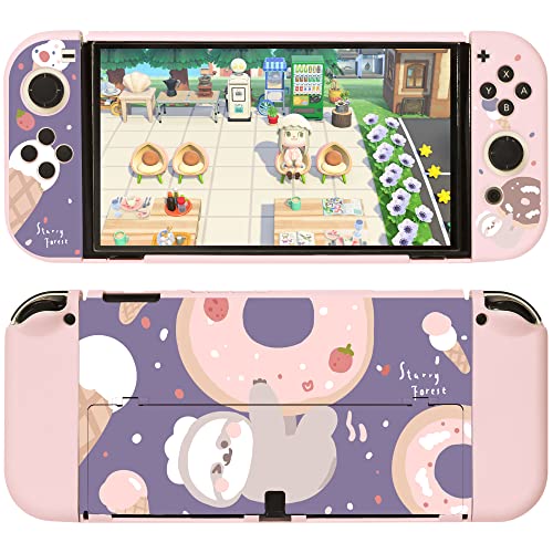 Starry Forest Cute Protective Cases for Nintendo Switch OLED with Contrast Color joycon Stick Covers, Blue Pink Switch Accessories for Girls -Sloth Doughnut(for Switch OLED)