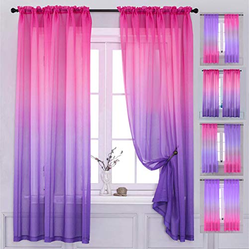 Yancorp 2 Panel Sets Bedroom Curtains 63 inch Length Sheer Curtain Pink Purple Ombre Curtains Rod Pocket Drapes for Girls Living Room Mermaid Bedroom Nursery Kid Window Decor(Pink Purple, 40'x63')