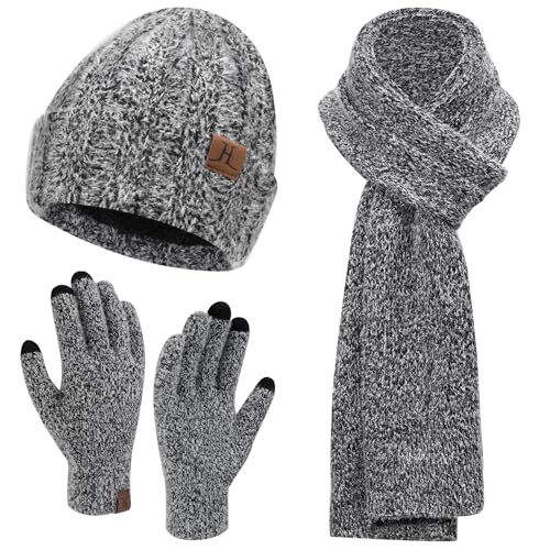 Womens Winter Warm Knit Beanie Hat Touchscreen Gloves Long Neck Scarf Set with Fleece Lined Skull Caps Gifts for Women Men