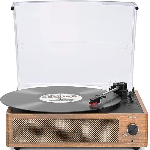 WOCKODER Vintage Record Player for Vinyl with Speakers Retro Turntable for Vinyl Records, Belt-Driven Turntable Support 3-Speed Wireless Playback Headphone AUX-in RCA Line LP Vinyl Players Wood Grain