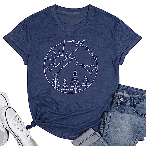 COLORFUL BLING Women Hiking Mountain T Shirts Trips Explore More Adventure Camping Workout Graphic Casual Top Tees-Navy-1 M