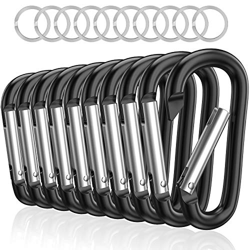 Sprookber 3' Aluminum Carabiner D Ring, Caribeener Clips, Spring Snap Hook for Keychain Clip, Set of 10 (Black)