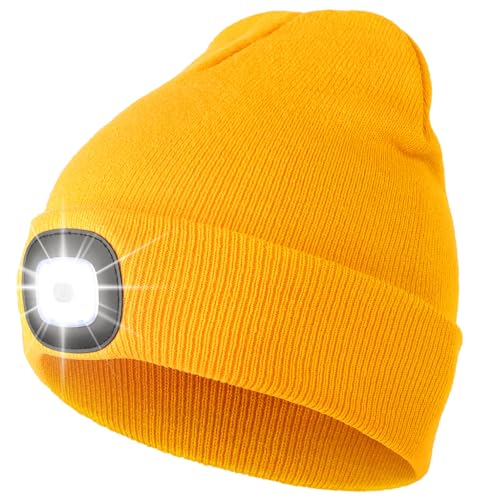 CENSGO Beanie with Light, Unisex USB Rechargeable LED Beanie Gift for Men Lighted Knitted Stocking Cap Ideal Gadgets for Men Dad Father Him (Golden Yellow)