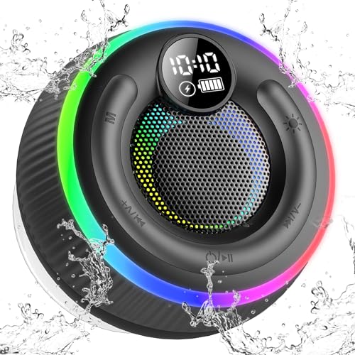 POMUIC Bluetooth Shower Speaker, Portable Wireless Speaker Stereo Sound, RGB Lights, IP7 Waterproof Bluetooth Speaker with Suction Cup and Mic, 8H Portable Speakers for Travel, Party, Home, Outdoors