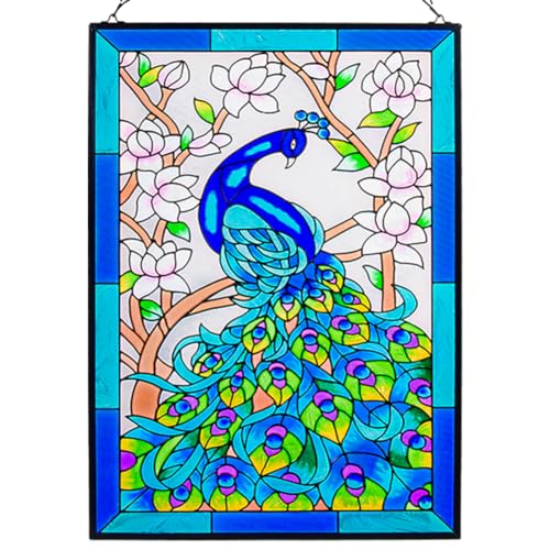 VEWOGARDEN W10 xH15 Peacock Art Glass Suncatcher Hand Painted Stained Glass Window Hangings Panel Decor with Chain
