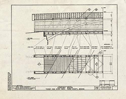 Historic Pictoric : Blueprint Section A-A, Cut-Away Floor Plan - Narrows Bridge, Spanning Sugar Creek at Old County Road 280 East, Marshall, Parke County, in 20in x 16in