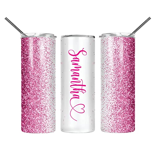 Personalized Tumbler with lid and straw | 20oz Stainless Steel Insulated Tumblers | Personalized Gifts | Double Wall Coffee Cup for Hot, Cold Drinks | Rose Pink tumbler Glitter Effect with Name