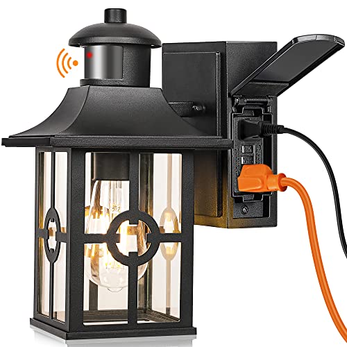 Outdoor Motion Sensor Porch Light with 2 GFCI Outlets, Dusk to Dawn Wall Light with 3 Lighting Modes for House, Waterproof Aluminum&Anti-Rust Exterior Light Fixture for Balcony/Garage