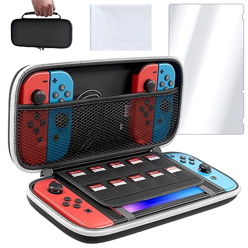 Neptune Switch Carry Case - Protective Shell for Switch & OLED - Game Cartridge Holder - Water & Scratch-Resistant - Travel-Friendly Accessory With Microfiber Towel & Screen Protector (Black/White)