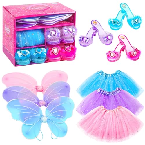 Princess Dresses for Girls Fairy Wings, BIBUTY Dress Up Clothes Pretend Play Costumes Trunk with 3 Sets of Princess Dress Up Shoes, Glitter Girls Tutu Skirts and Butterfly Wings, Toys for 3-6 yr Girls