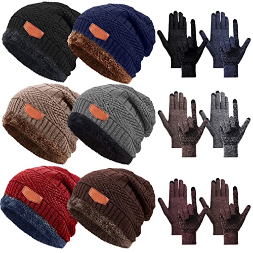 12 Pieces Winter Knit Beanie Hat Gloves Set Winter Thermal Slouchy Beanies Touch Gloves Anti Slip Silicone Gel Gloves Warm Thick Fleece Lined Skull Cap for Adult Ski Hike Outdoor Indoor