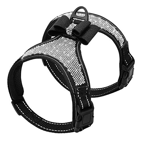 Beirui Rhinestone Dog Harness - Reflective Bling Nylon Dog Vest with Sparkly Bow Tie for Small Medium Large Dogs Walking Party Wedding,Black,M