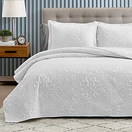 Hansleep Quilt Set King - Quilt King Size Bedding Set Damask, Lightweight Bedspread Coverlet White, Ultrasonic Quilting
