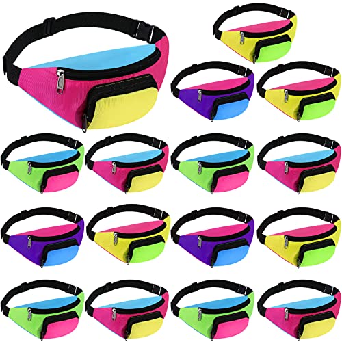 Tarpop 16 Pieces Retro 80s Fanny Pack Retro Belt Bag 2 Pockets Neon Fanny Pack Vintage Small Waist Packs for 80's 90's Party Jogging Traveling Party Costumes