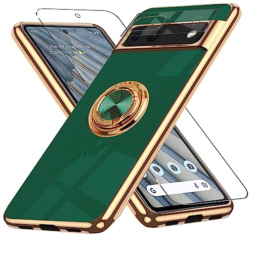ZOEVEES for Google Pixel 7A Case with Screen Protector and Camera Protector, Built-in 360° Ring Holder Magnetic Stand, Luxury Electroplated Plating Edge Shockproof Protective Phone Cover, Green