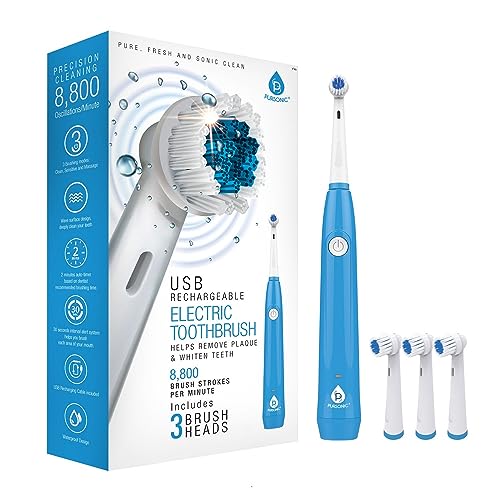 Pursonic Rotary Toothbrush, USB Rechargeable Electric Toothbrush, 3 Brush Heads – Sonic Toothbrush with 8,800 Oscillations/Minute and 3 Cleaning Modes (White)