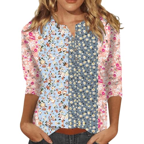 Generic Sales Today Clearance 3/4 Sleeve t-Shirts Boho Floral Style Outfits Bohemian Womens v Neck 3/4 Sleeve Tops 3/4 Sleeve Blouses for Women Button Down Shirts for Women Pink-3 XXL
